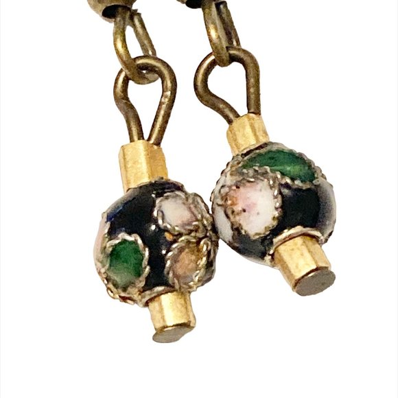 Vintage Cloisonne Bead Earrings Round Black Gold Tone Bronze Plated Dainty - Picture 4 of 13